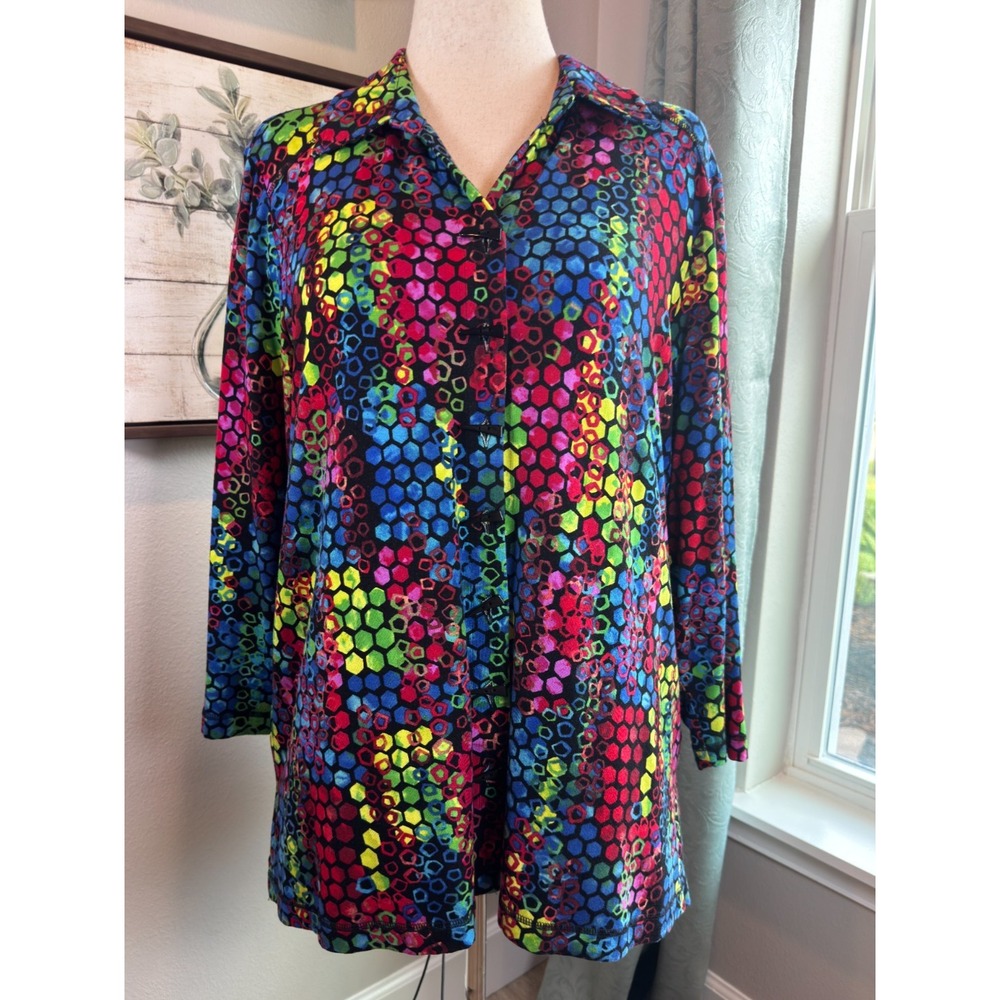 Ali Miles Multicolored Abstract Stretch Knit Button-Front Tunic Top XL Artsy